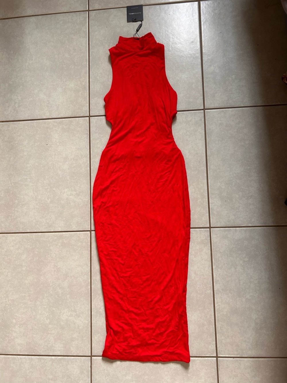 Sleeveless Red Mock-Neck Bodycon Dress cutouts